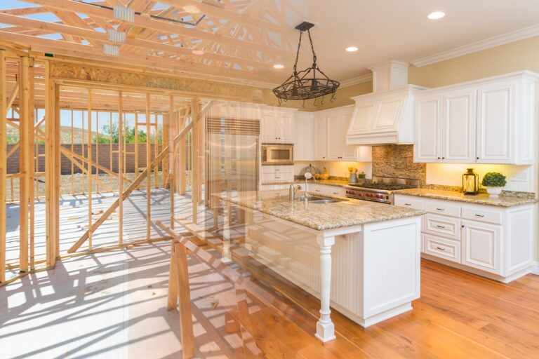House Construction Framing Gradating Into Finished Kitchen Build.